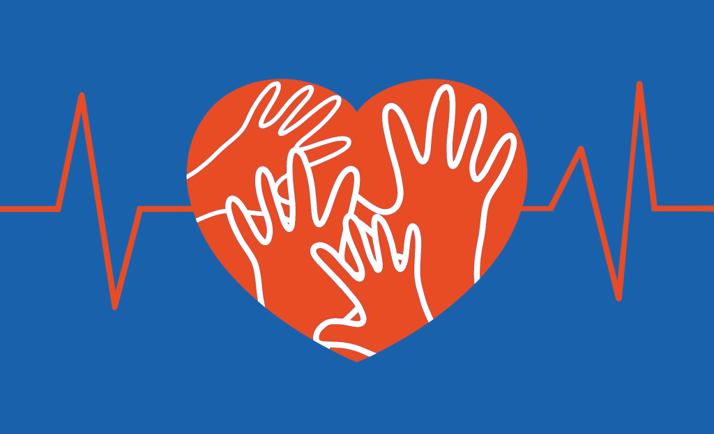 An illustration of a red heart filled with white outlines of hands of varying sizes overlapping each other. The heart is set against a blue background with a red electrocardiogram (EKG) line running through it.